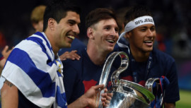 Luis Suarez-Lionel Messi-Neymar-da Silva-Santos Junior celebrate