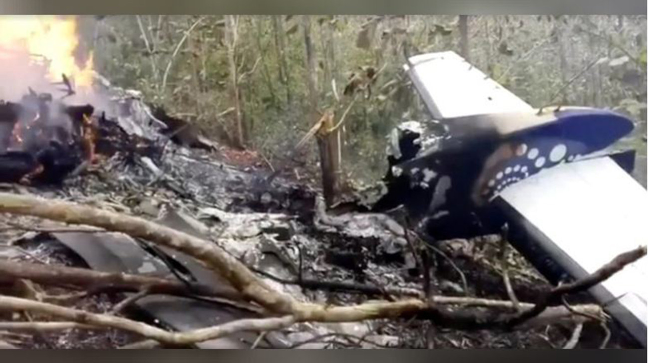 Wreckage in flames after a plane crash