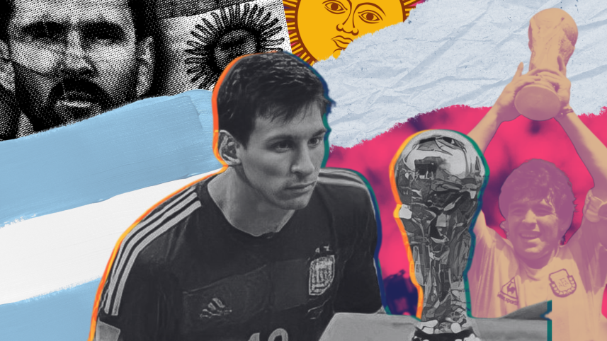 Collage of Lionel Messi glaring at the World Cup trophy. 