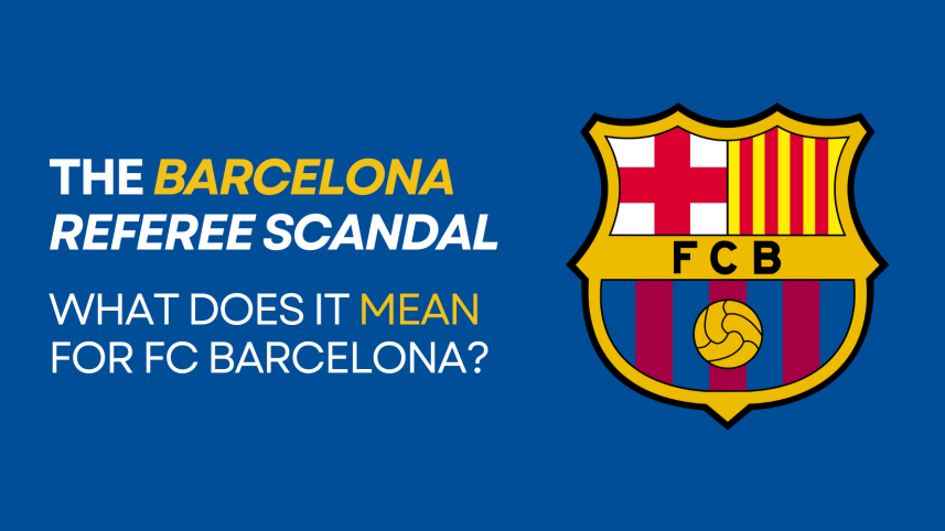 Logo of FC Barcelona with text placed next to it.