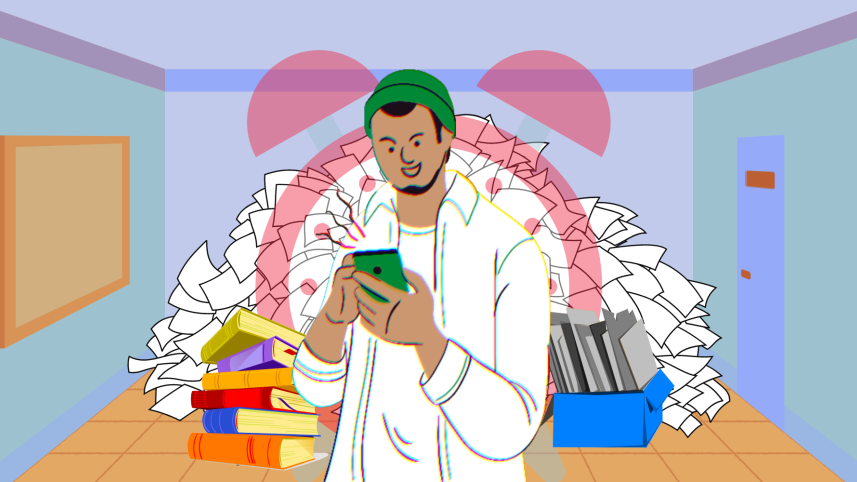A person using their phone with literal piles of work left to do.