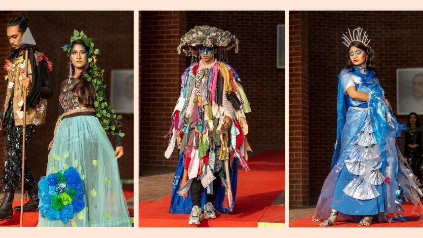 Students walking the ramp and promoting the practice of upcycling rejected waste materials at ULAB's Trashion Show Fall 2023. 
