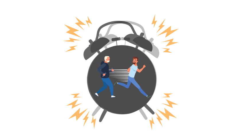 Illustration of man running away from his older self inside ringing alarm clock 
