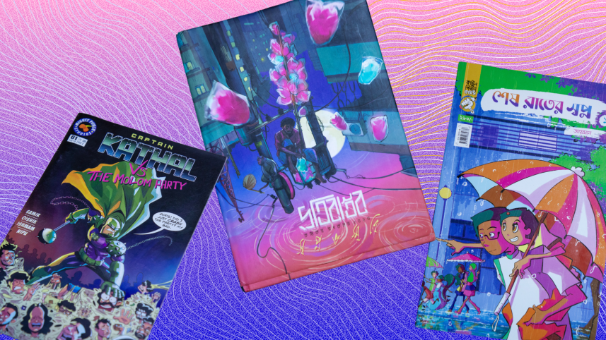 Collage consisting of local comic book covers. 