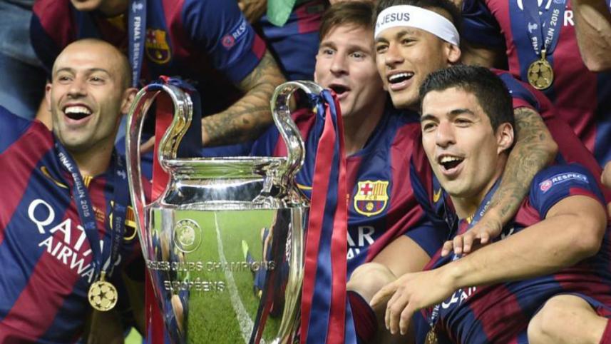 Luis Suarez-Lionel Messi-Neymar-da Silva-Santos Junior celebrate