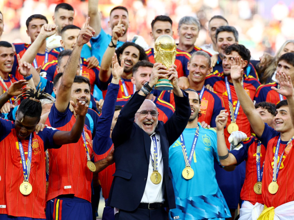 Spain coach reacts after winning FIFA World Cup 2026