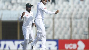 Bangladesh skipper Shakib Al Hasan celebrates a wicket during the first Test against West Indies 