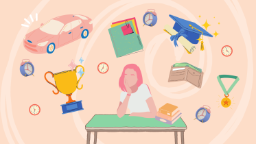 Illustration of girl sitting at a table thinking of all things she needs to balance
