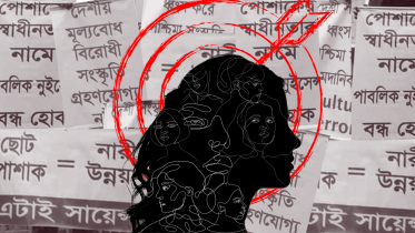 An illustration of a woman's silhouette with a target on her head, surrounded by slogans of protestors 