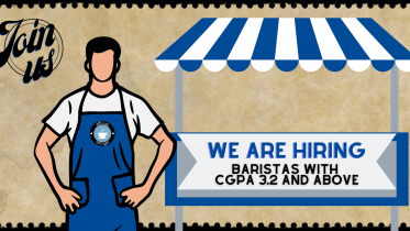 An illustration of a barista standing next to a stall that says "We are hiring baristas with CGPA 3.2 and above."