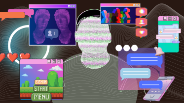 An illustration of a person surrounded by pop-up texts and webpages