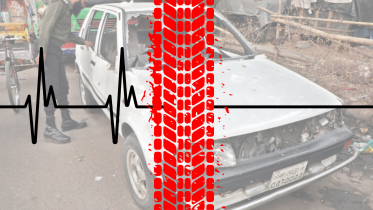 Smeared out print of a tyre against a backdrop of a wrecked vehicle 