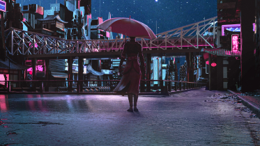 Sci-fi character looking at a dystopian cityscape.
