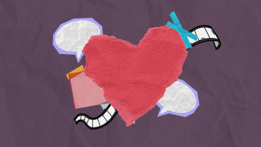 Collage of a paper cutout heart and other elements. 