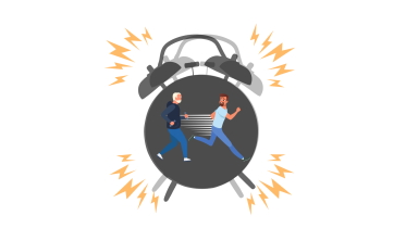 Illustration of man running away from his older self inside ringing alarm clock 