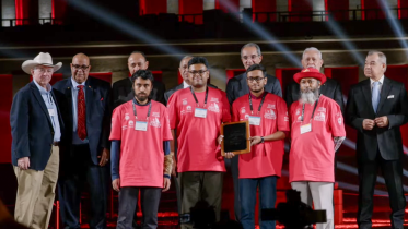M Sohel Rahman (front, right) receiving the Asia West Champion award with his BUET team