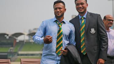 Shakib Al Hasan and Taskin Ahmed at the Sher-e-Bangla National Cricket Stadium in Mirpur on May 15, 2024.