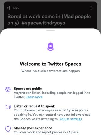 The welcome screen for the new podcasts feature in Spaces